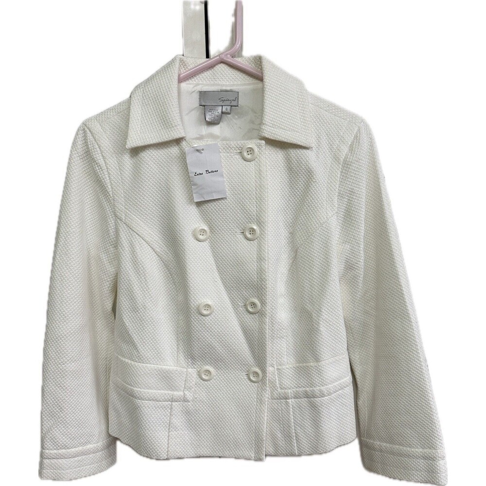 Spiegel Women's White Waffle Weave Lined Double Breasted Blazer Jacket New Sz 8 - Picture 7 of 7